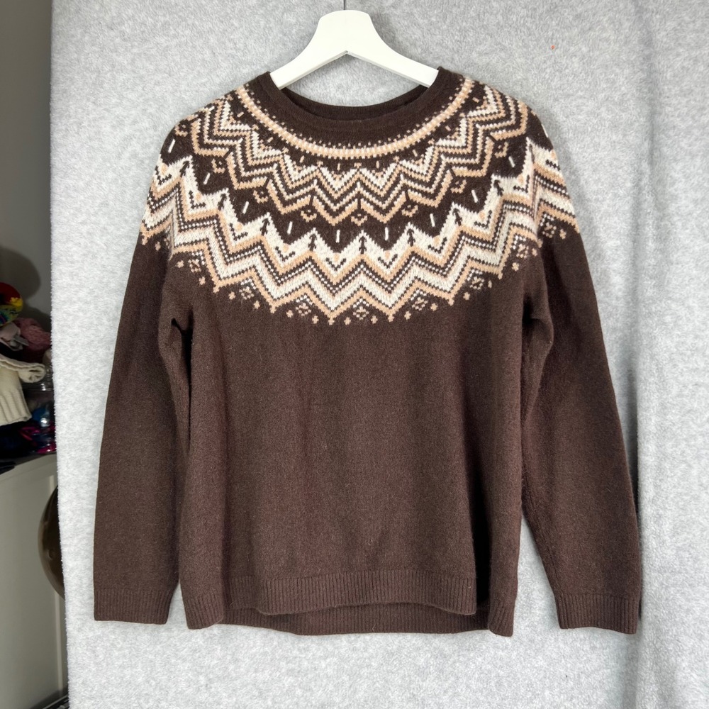 LL Bean Womens Large Petite Cashmere Sweater Brown Fair Isle Yoke Pullover